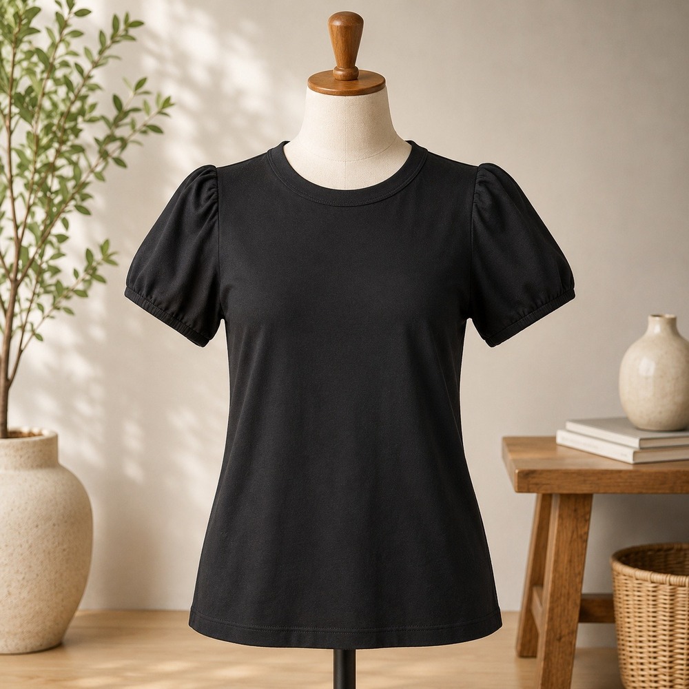 NWT T Tahari Top Womens XS Black Puff Sleeve Crew Neck Stretch Knit TH41105NR‎